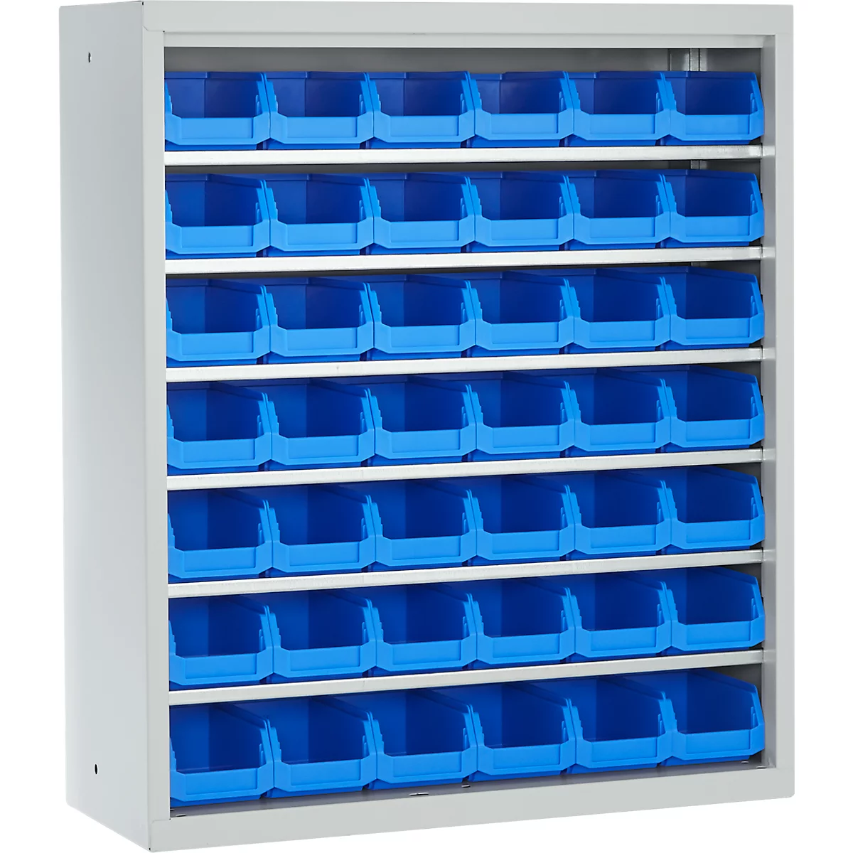 Une étagère blanche avec de nombreux bacs de rangement bleus. Les bacs sont disposés en rangées.