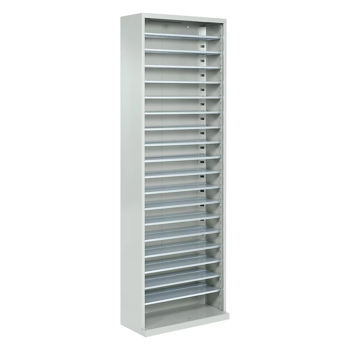 Armoire d'atelier - l. 700 x P 300 x H 1980 mm - 18 étagères - sans bacs - sans portes - gris clair