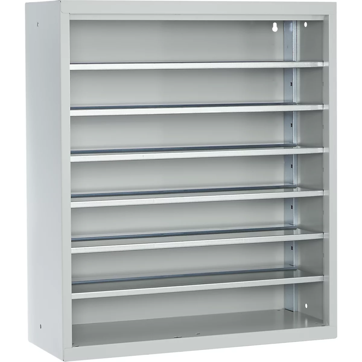 Armoire d'atelier - l. 700 x P 300 x H 830 mm - 6 étagères - sans bacs - sans portes - gris clair