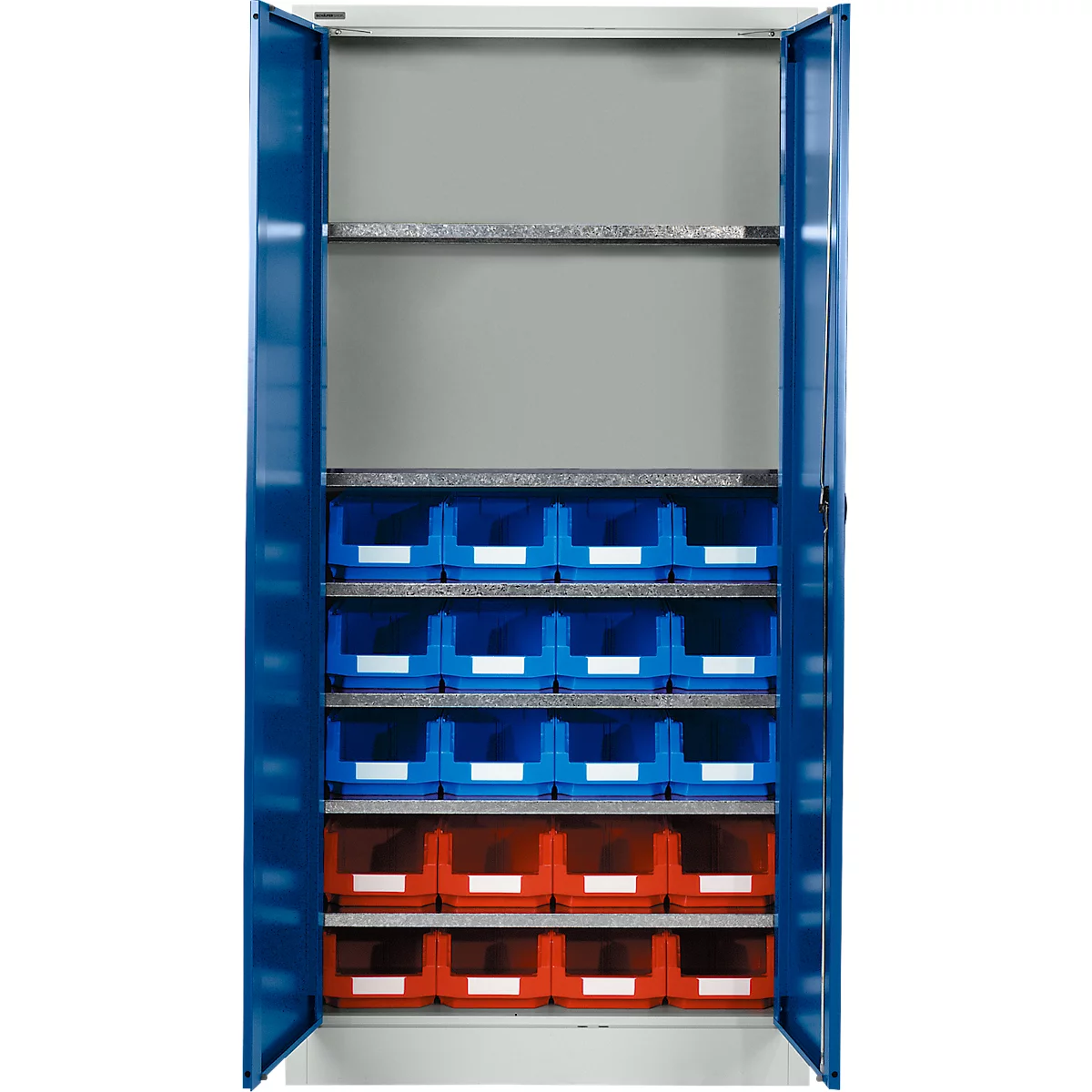 Armoire à outils bleue avec portes ouvertes, remplie de boîtes de tri bleues et rouges.