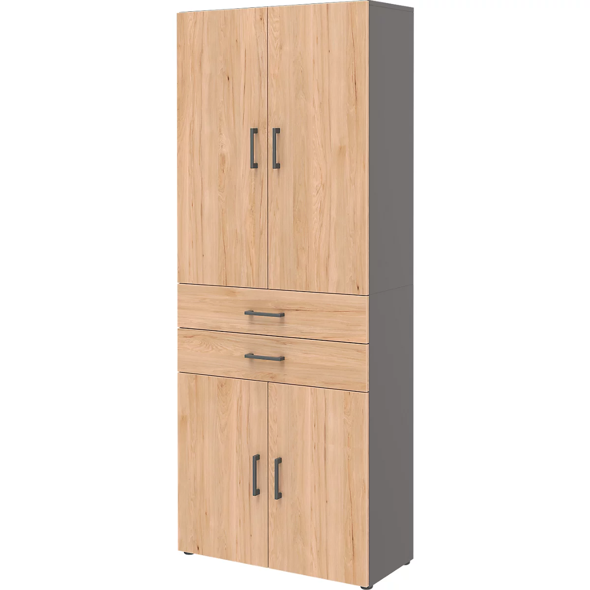 Armoire de bureau TEMPIO, en bois, 4 portes, 2 tiroirs, 6 OH, L 800 x P 340 x H 2130 mm, anthracite/chêne caryer