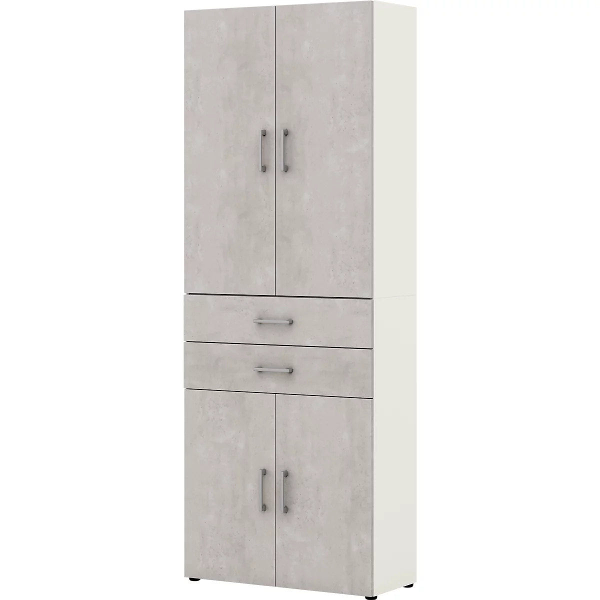 Armoire de bureau TEMPIO, en bois, 4 portes, 2 tiroirs, 6 OH, L 800 x P 340 x H 2130 mm, blanc/béton