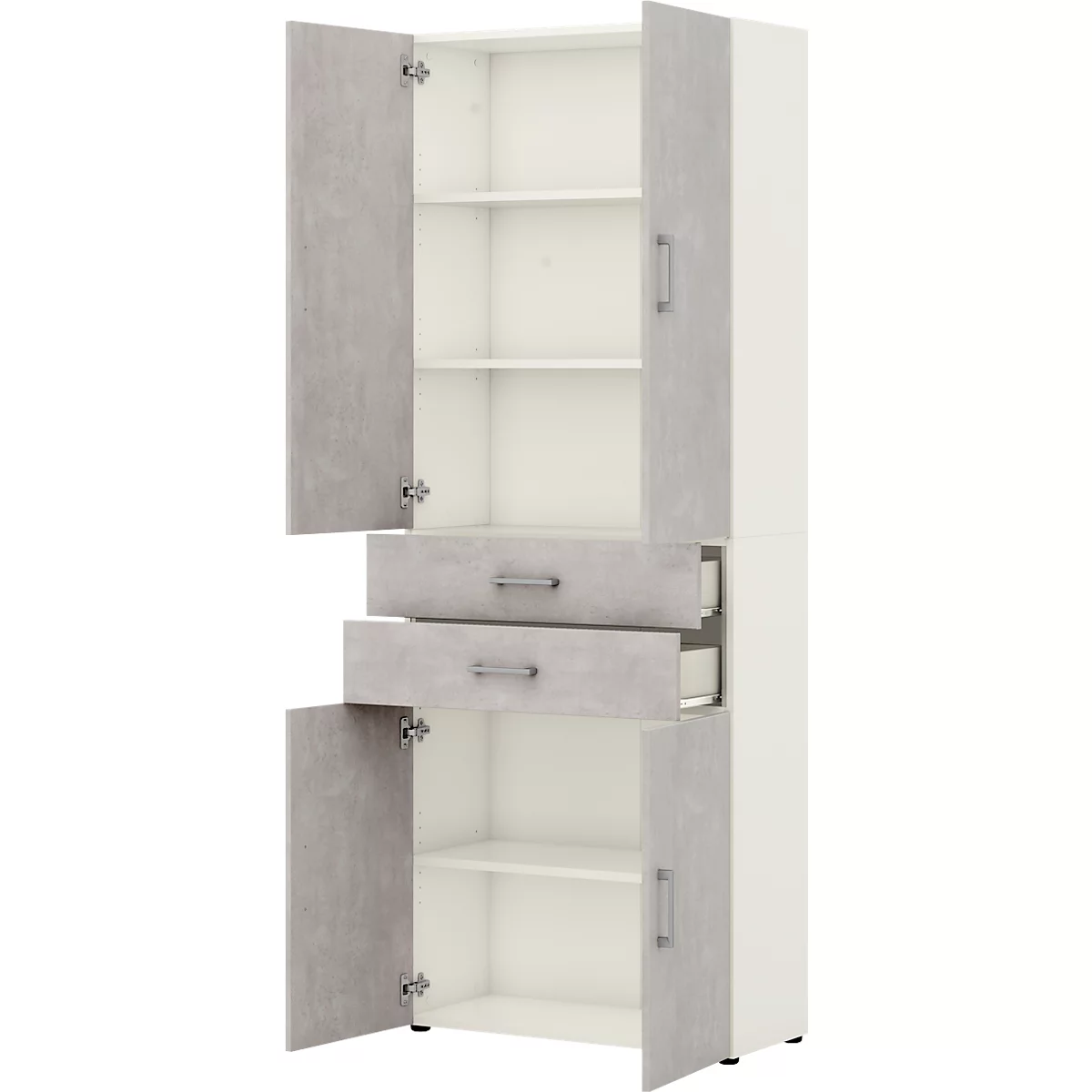 Armoire de bureau TEMPIO, en bois, 4 portes, 2 tiroirs, 6 OH, L 800 x P 340 x H 2130 mm, blanc/béton