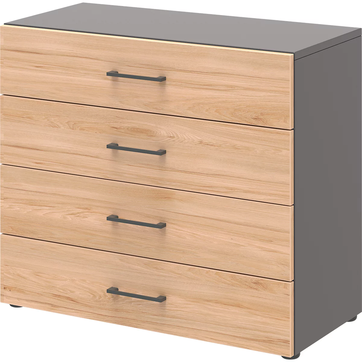 Armoire de bureau TEMPIO, en bois, 4 tiroirs, 2 OH, L 800 x P 340 x H 720 mm, anthracite/chêne caryer