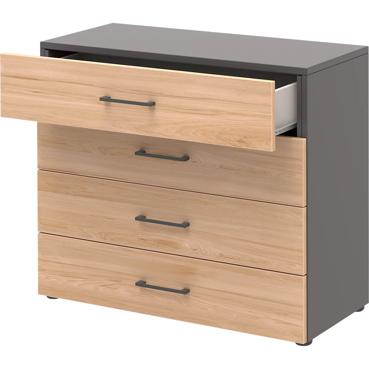 Armoire de bureau TEMPIO, en bois, 4 tiroirs, 2 OH, L 800 x P 340 x H 720 mm, anthracite/chêne caryer