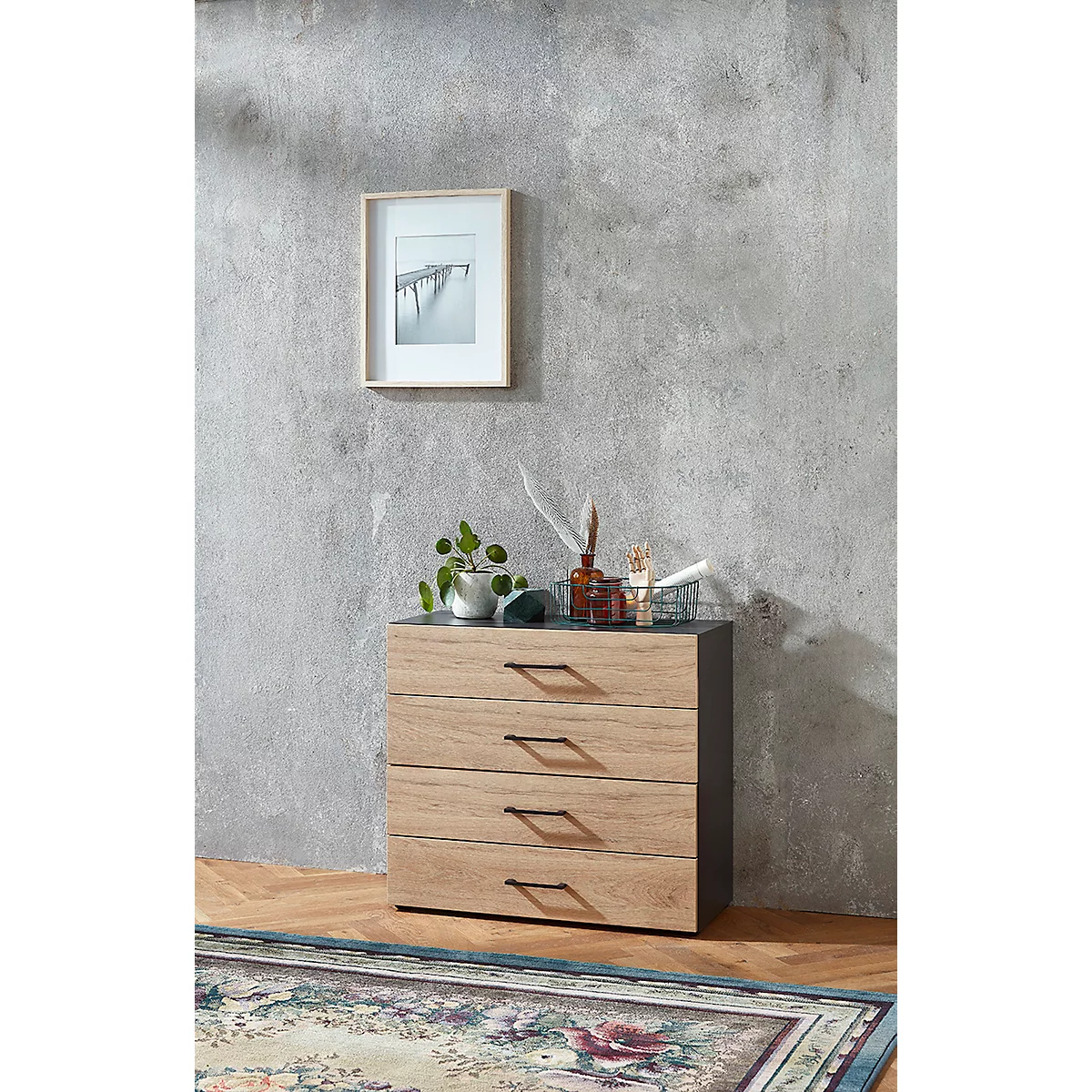 Armoire de bureau TEMPIO, en bois, 4 tiroirs, 2 OH, L 800 x P 340 x H 720 mm, anthracite/chêne caryer