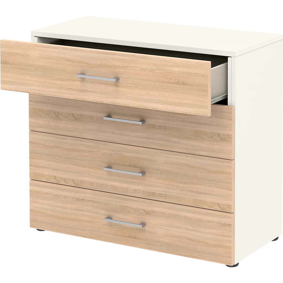 Armoire de bureau TEMPIO, en bois, 4 tiroirs, 2 OH, L 800 x P 340 x H 720 mm, blanc/chêne Sonoma