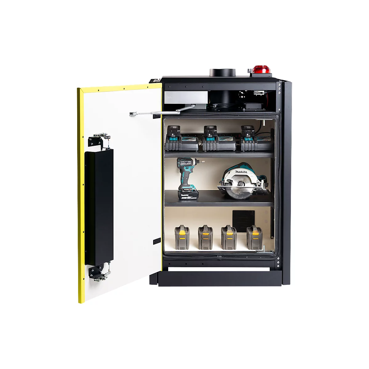 Armoire à outils ouverte avec outils, batteries et chargeurs. Cadres jaunes, éléments noirs.