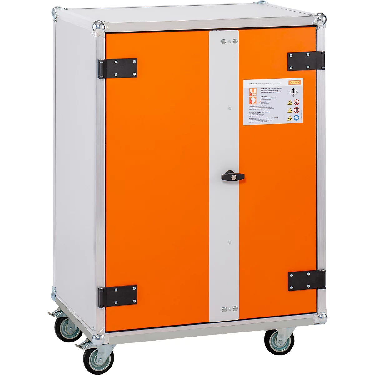 Armoire sur roulettes, portes orange, côtés gris. Charnières et serrure noires.