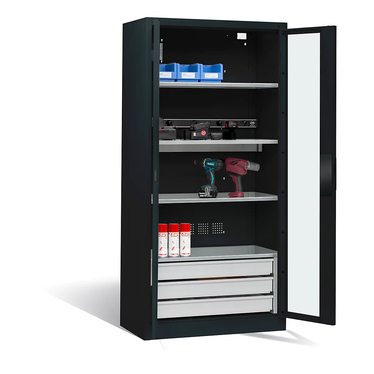 Armoire de charge de batterie Basic de C+P avec fenêtre en verre acrylique, H 1950 x L 930 x P 500 mm, anthracite