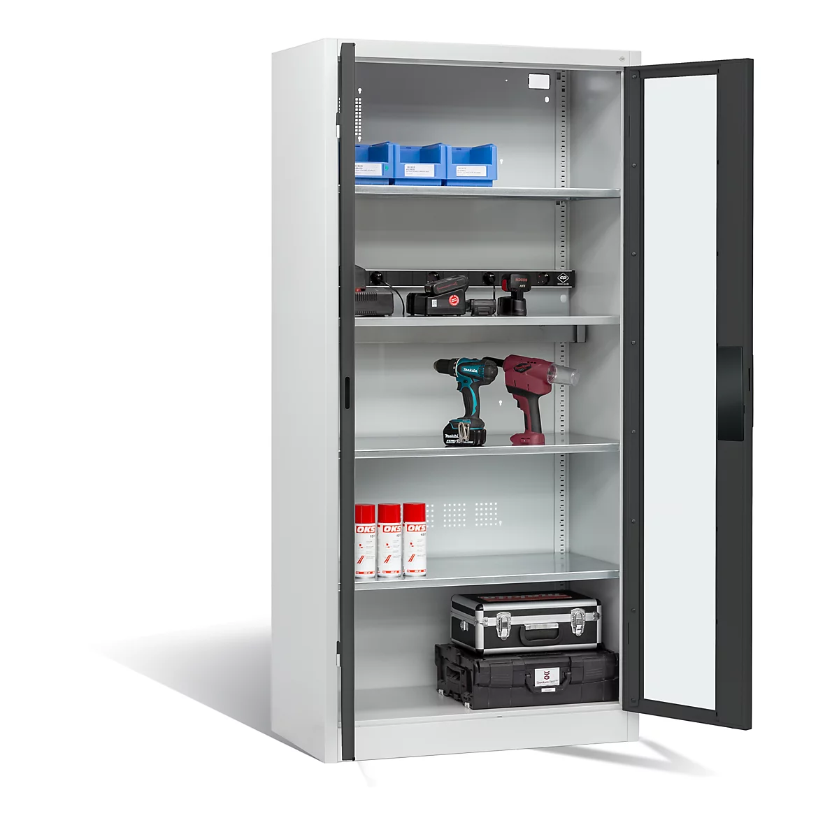 Armoire de charge de batterie Basic de C+P avec fenêtre en verre acrylique, H 1950 x L 930 x P 500 mm, gris clair/anthracite