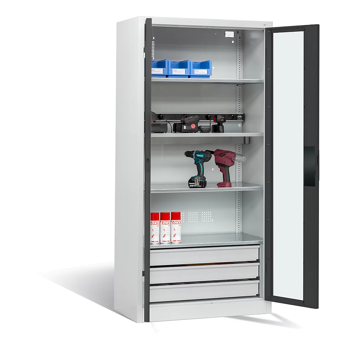 Armoire de charge de batterie Basic de C+P avec fenêtre en verre acrylique, H 1950 x L 930 x P 500 mm, gris clair/anthracite
