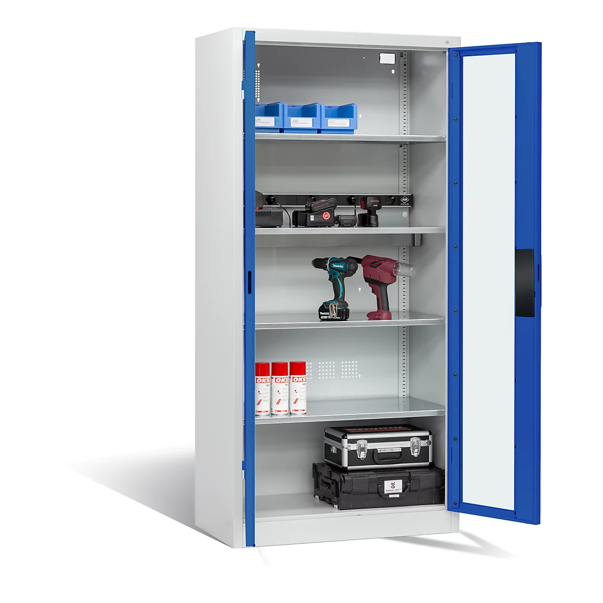 Armoire de charge de batterie Basic de C+P avec fenêtre en verre acrylique, H 1950 x L 930 x P 500 mm, gris clair/bleu gentiane
