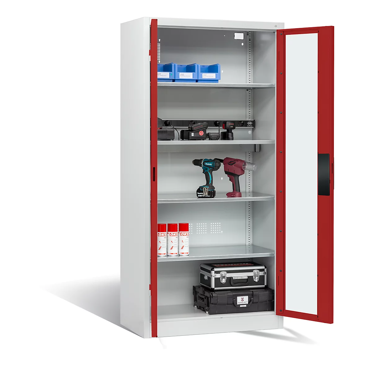 Armoire de charge de batterie Basic de C+P avec fenêtre en verre acrylique, H 1950 x L 930 x P 500 mm, gris clair/rouge rubis