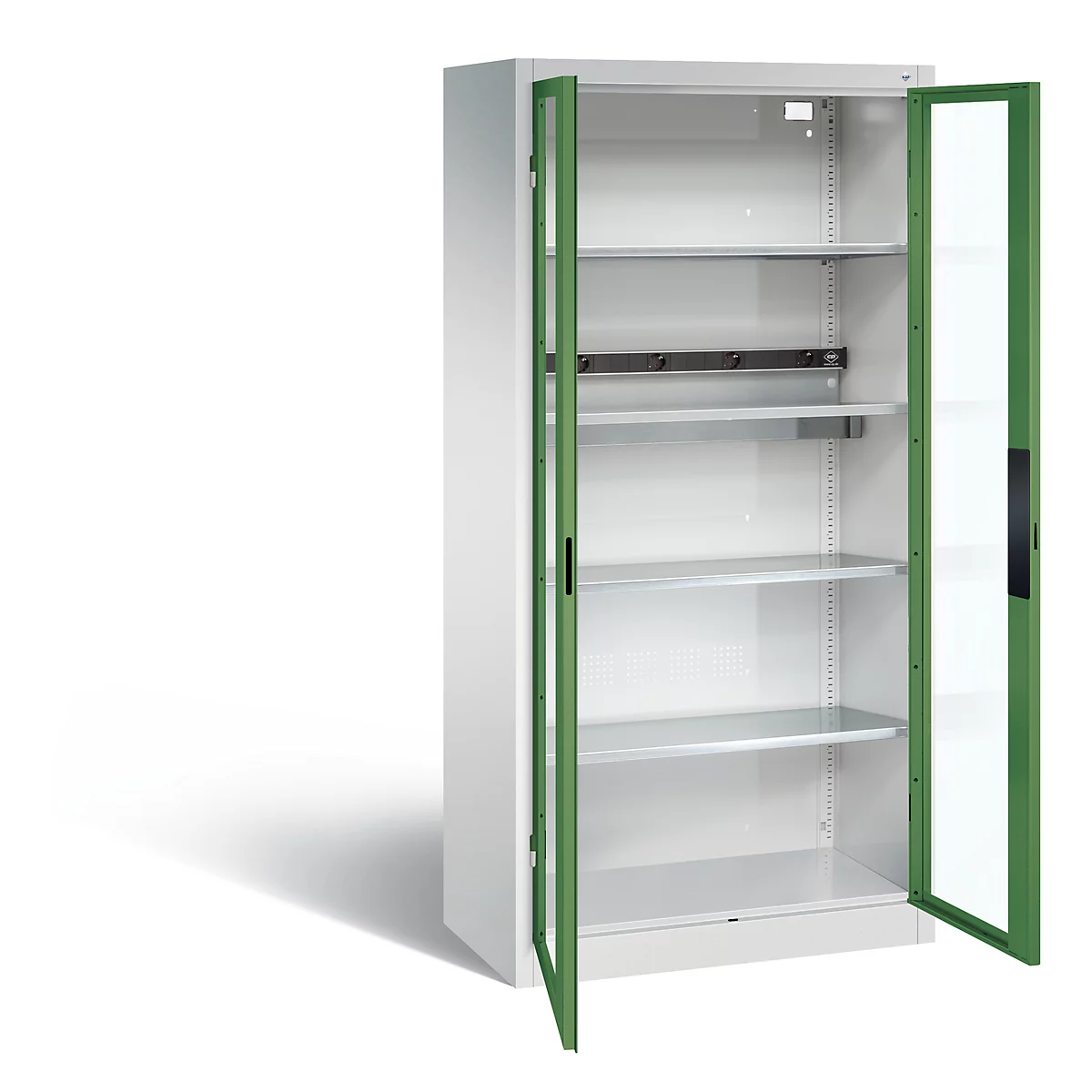Armoire de charge de batterie Basic de C+P avec fenêtre en verre acrylique, H 1950 x L 930 x P 500 mm, gris clair/vert réséda