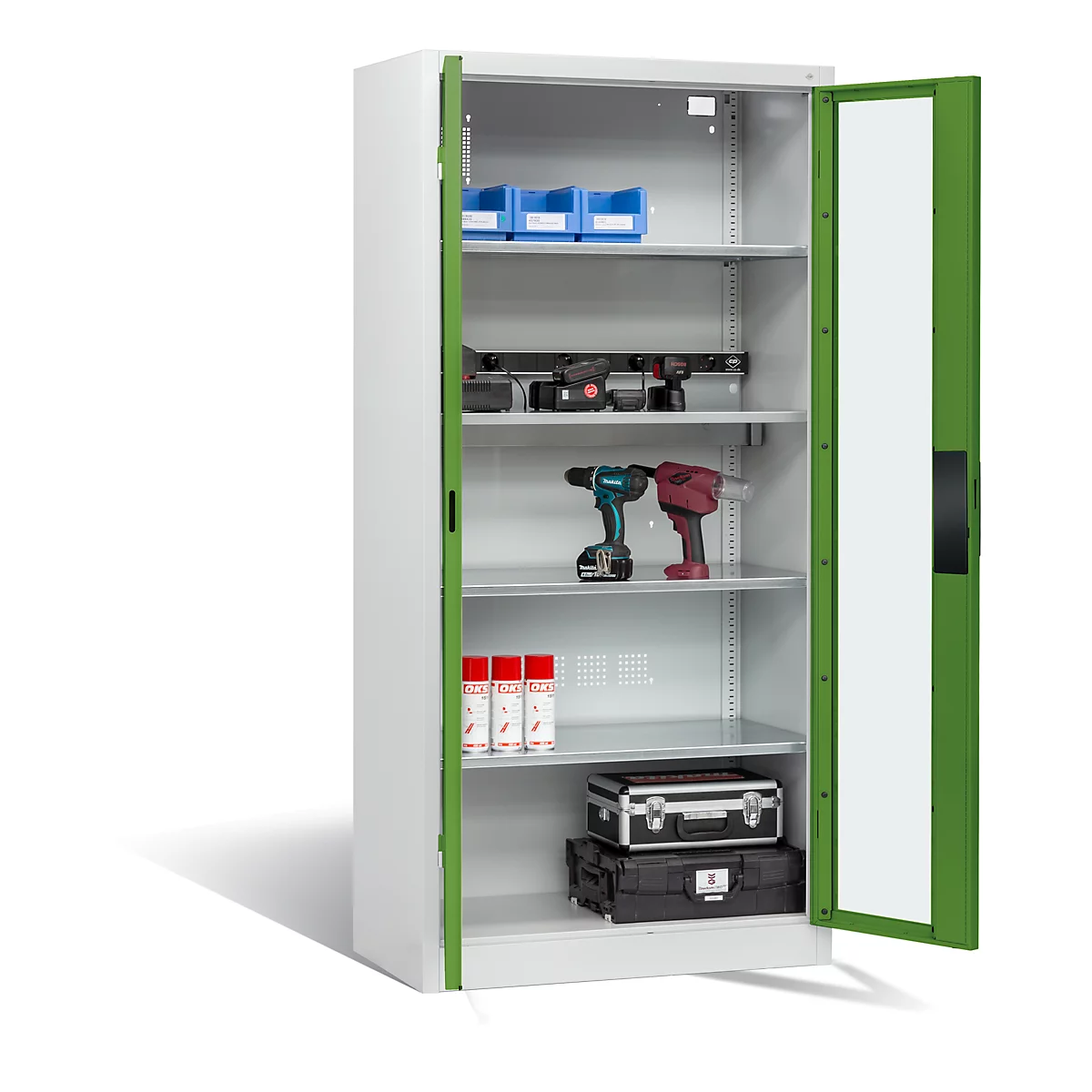 Armoire de charge de batterie Basic de C+P avec fenêtre en verre acrylique, H 1950 x L 930 x P 500 mm, gris clair/vert réséda