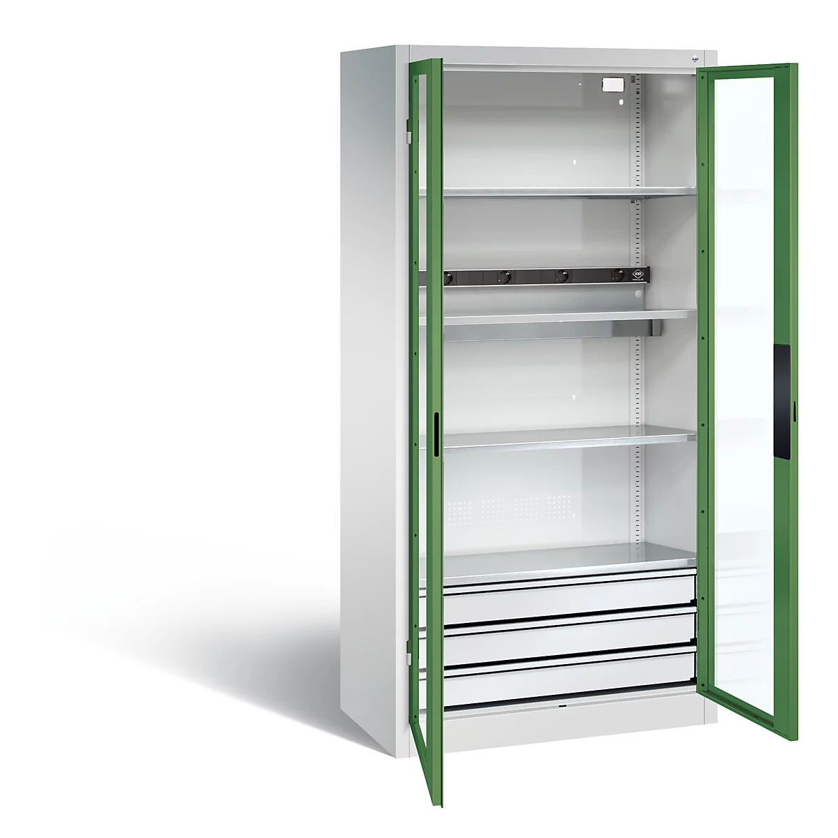 Armoire de charge de batterie Basic de C+P avec fenêtre en verre acrylique, H 1950 x L 930 x P 500 mm, gris clair/vert réséda