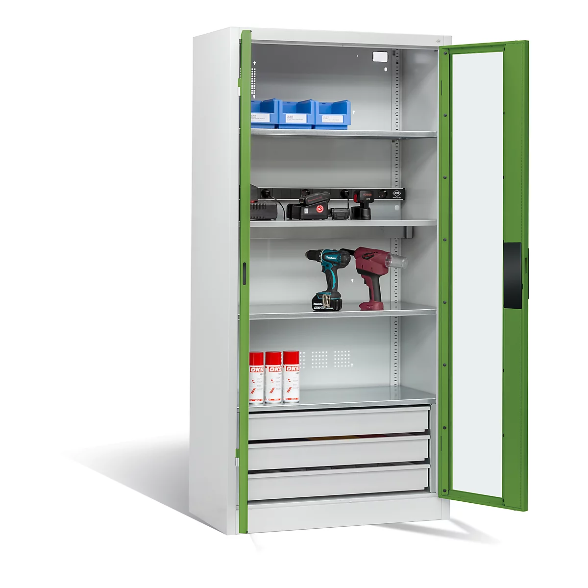 Armoire de charge de batterie Basic de C+P avec fenêtre en verre acrylique, H 1950 x L 930 x P 500 mm, gris clair/vert réséda