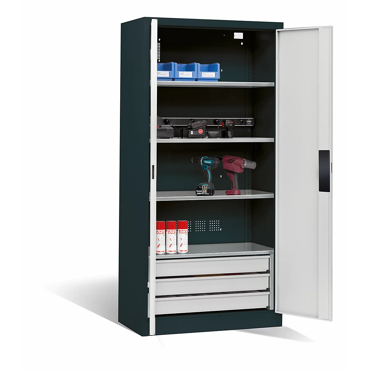 Armoire de charge de batterie Basic de C+P avec portes en tôle pleine, H 1950 x L 930 x P 500 mm, anthracite/gris clair