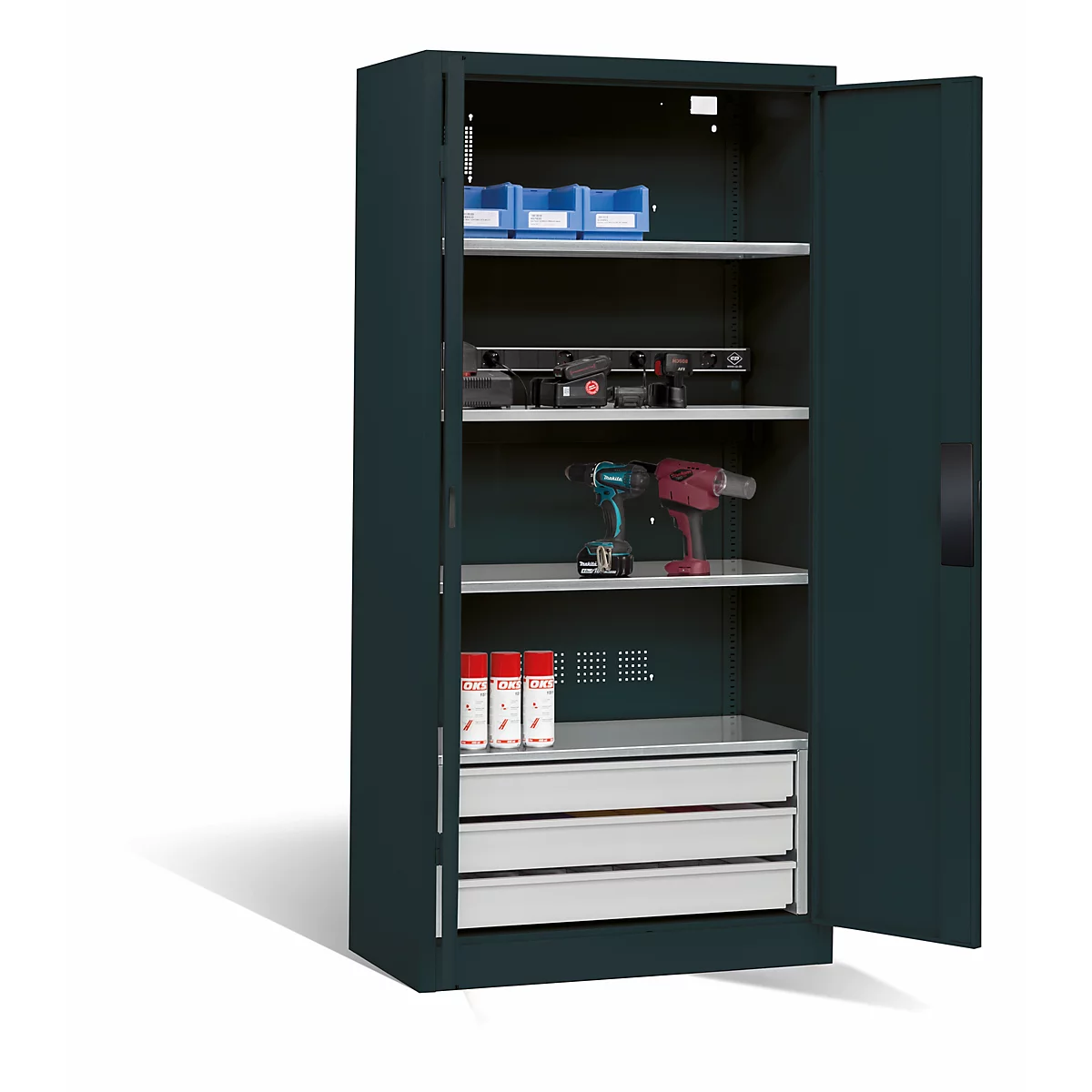 Armoire de charge de batterie Basic de C+P avec portes en tôle pleine, H 1950 x L 930 x P 500 mm, anthracite