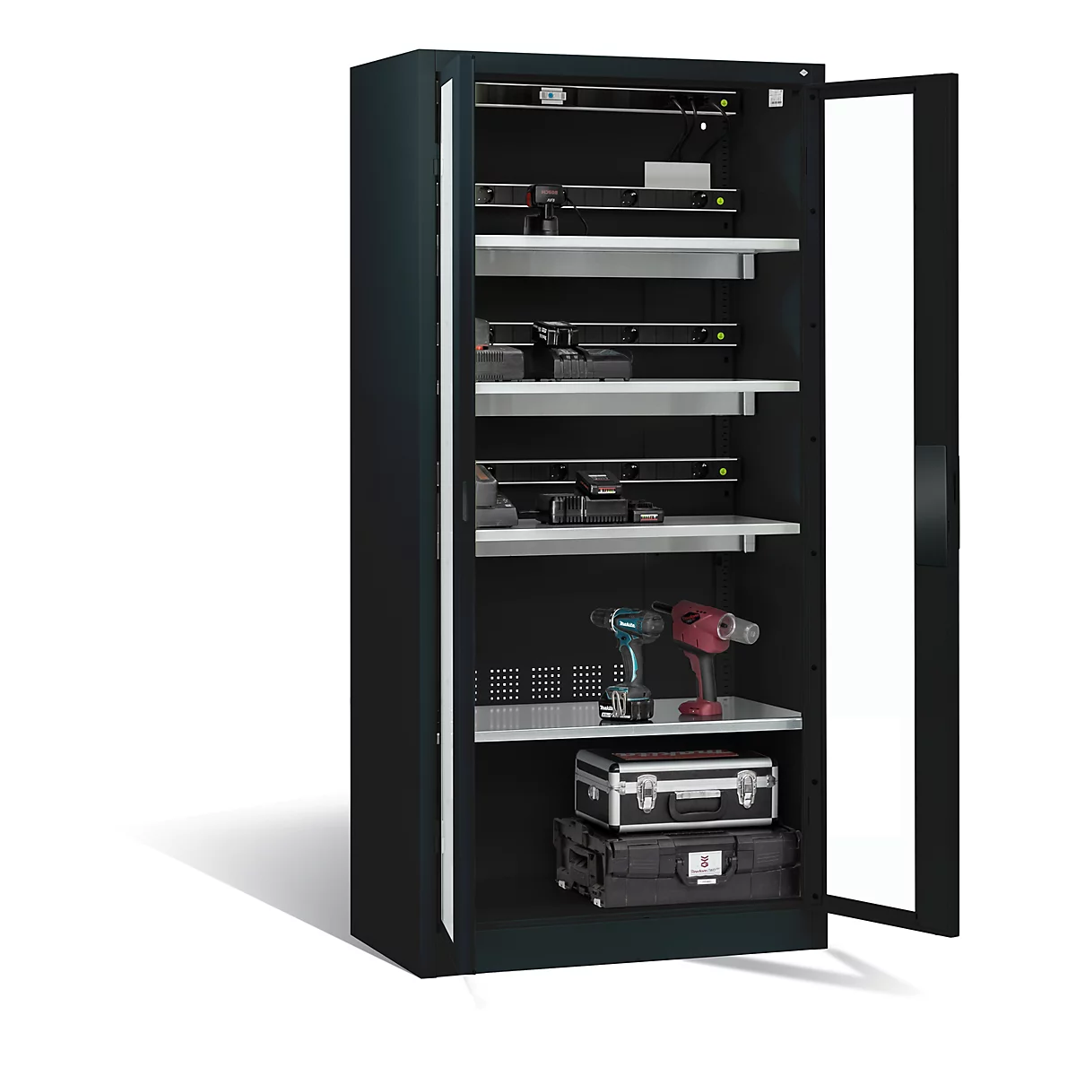 Armoire de charge de batterie Comfort de C+P avec fenêtre en verre acrylique, H 1950 x L 930 x P 500 mm, anthracite