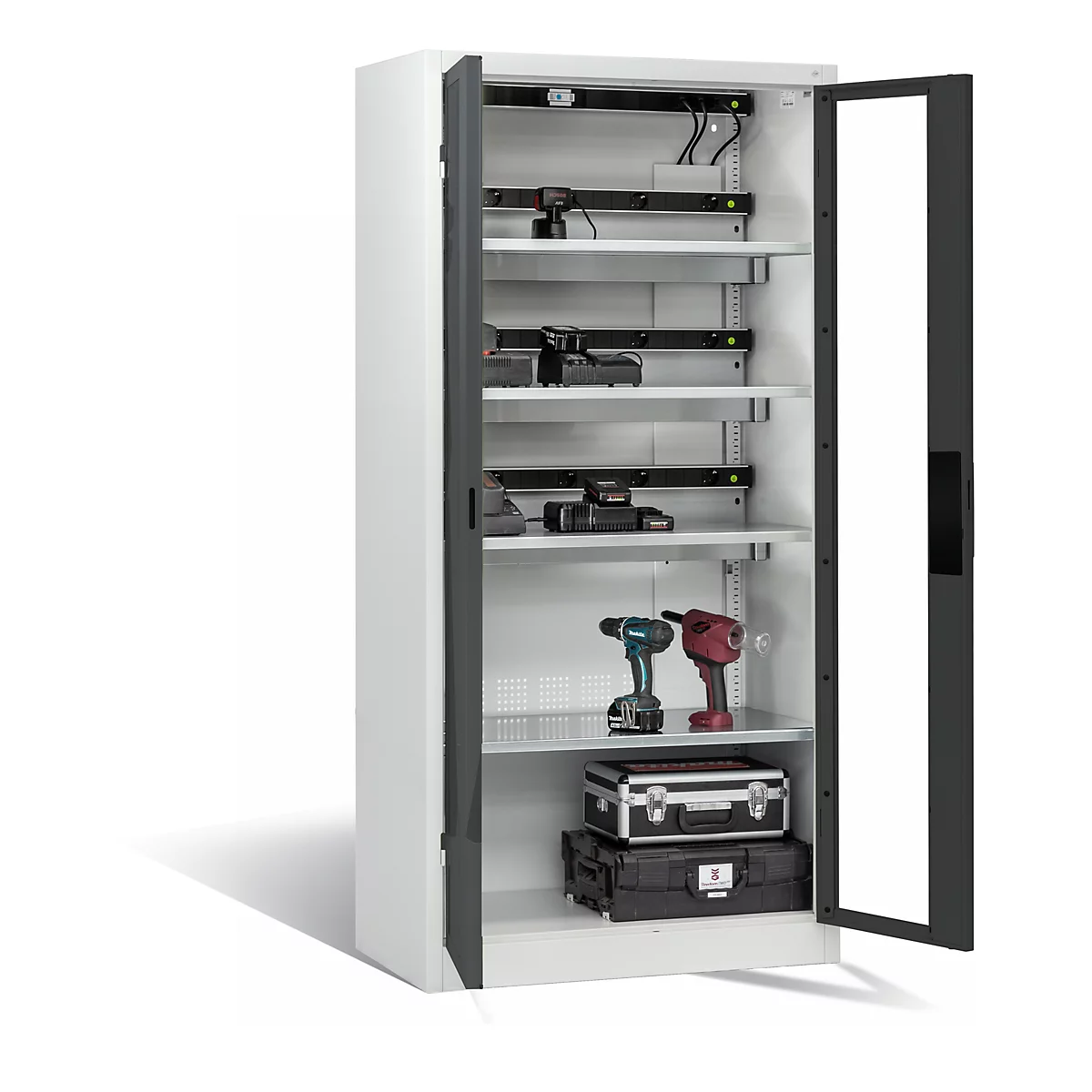 Armoire de charge de batterie Comfort de C+P avec fenêtre en verre acrylique, H 1950 x L 930 x P 500 mm, gris clair/anthracite