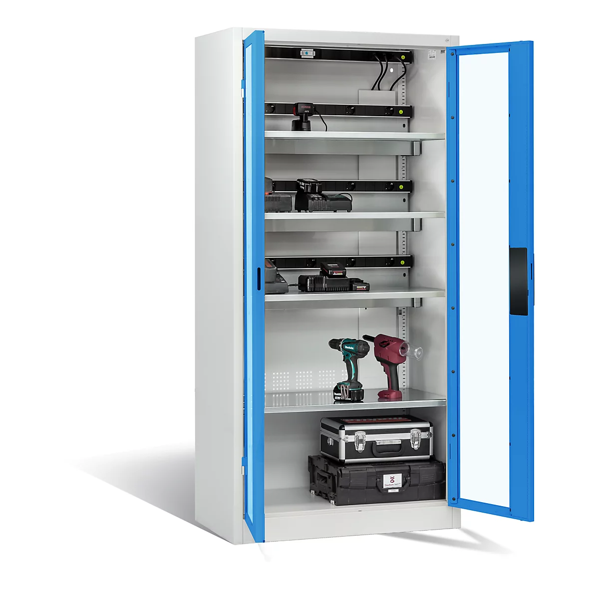 Armoire de charge de batterie Comfort de C+P avec fenêtre en verre acrylique, H 1950 x L 930 x P 500 mm, gris clair/bleu clair