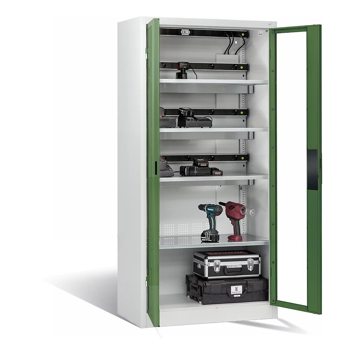 Armoire de charge de batterie Comfort de C+P avec fenêtre en verre acrylique, H 1950 x L 930 x P 500 mm, gris clair/vert réséda