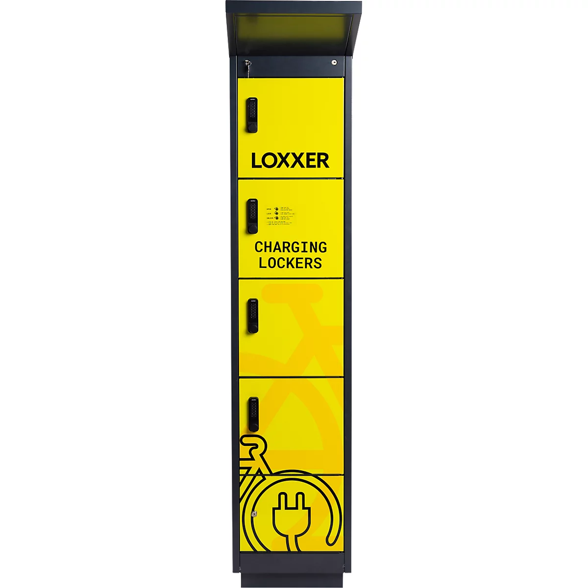 Casiers de recharge jaunes avec la marque Loxxer et le symbole de recharge.