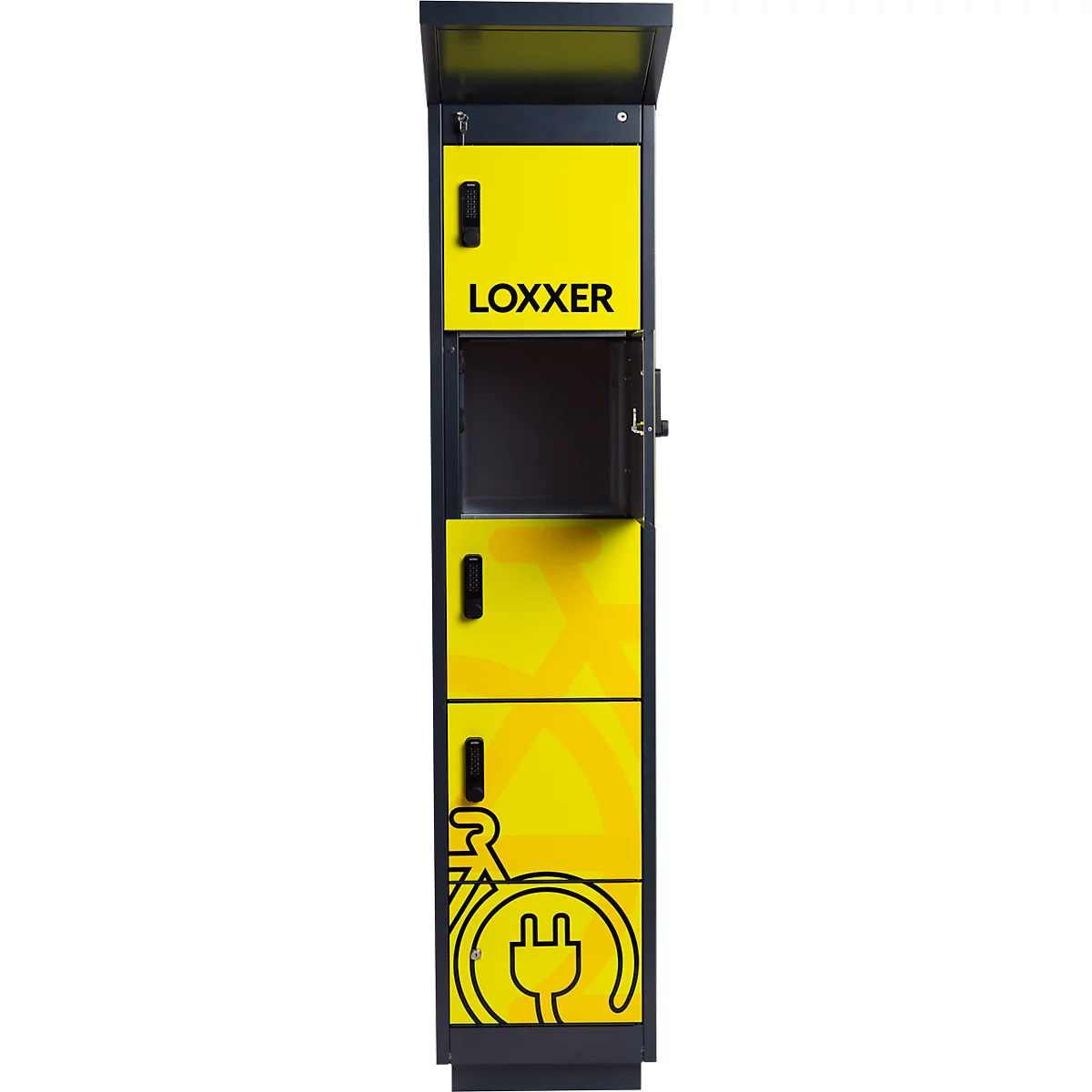Borne de recharge jaune et noir avec le mot "LOXXER".
