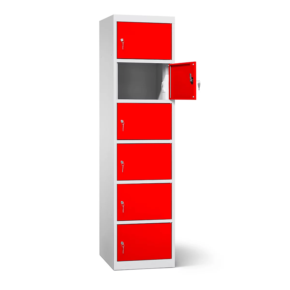 Une armoire blanche avec six portes rouges, dont une est ouverte.