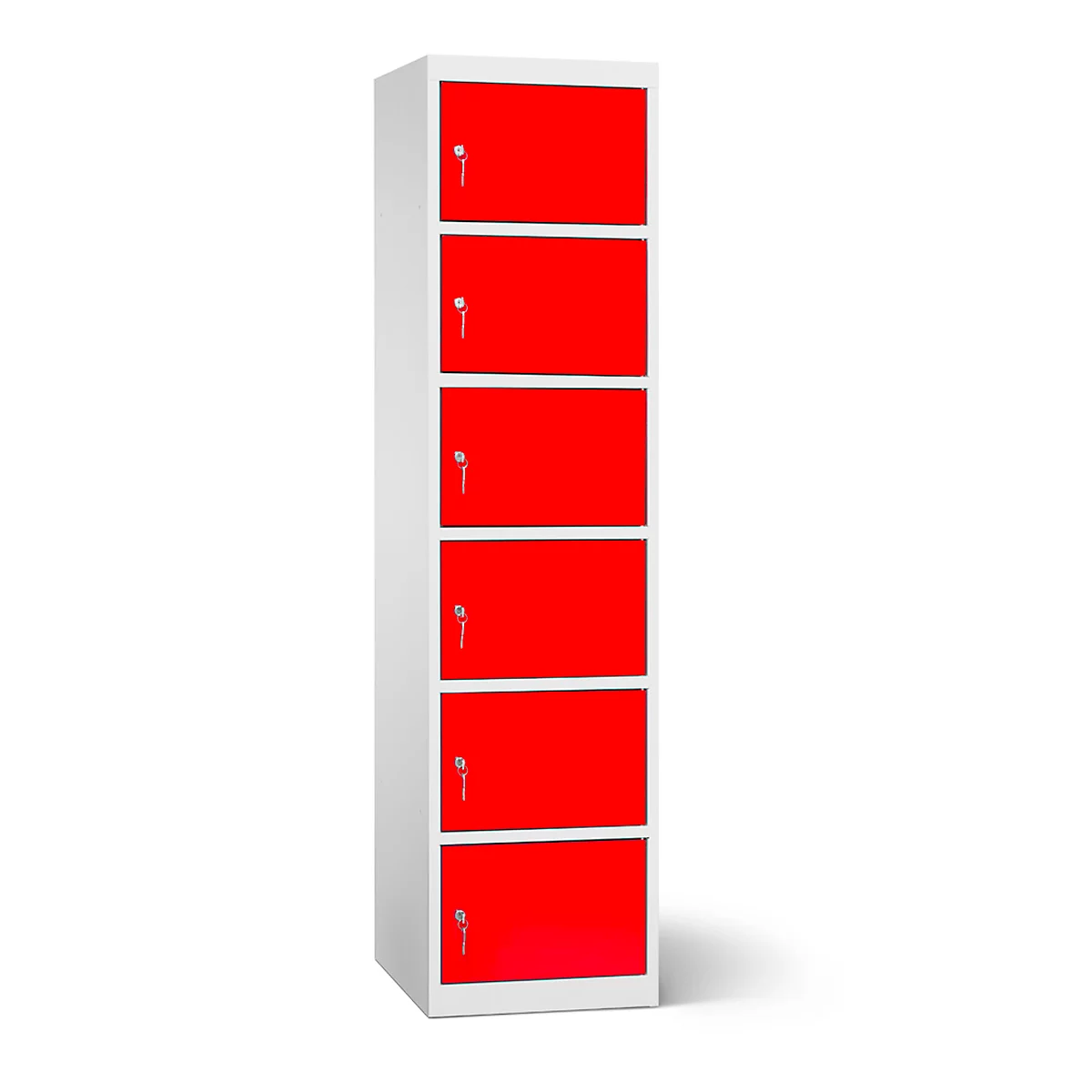 Une haute armoire blanche avec six portes rouges et des clés. L'armoire se dresse sur fond blanc.