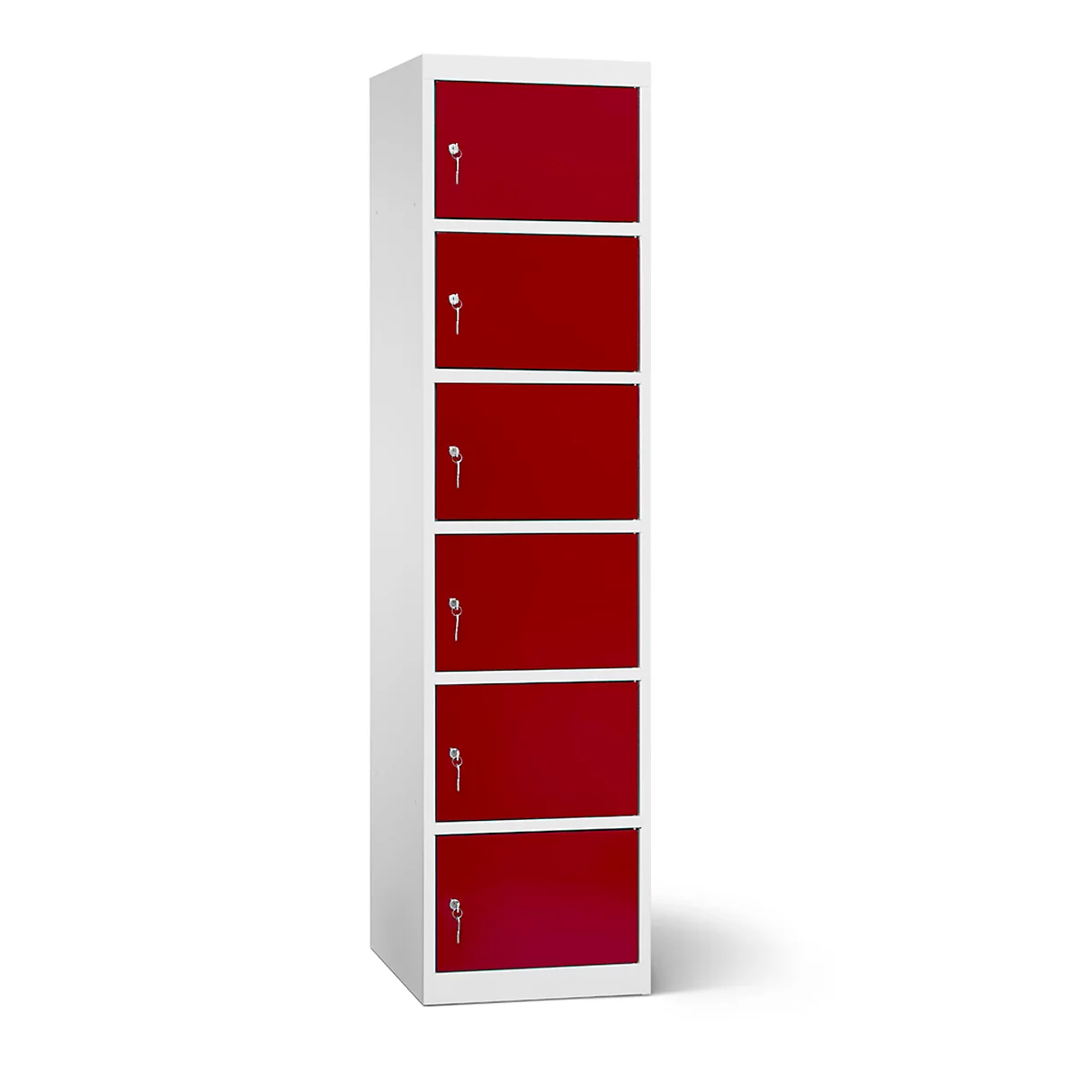 Une armoire avec six portes rouges et des clés argentées, cadre blanc. L'armoire se dresse sur un fond blanc.