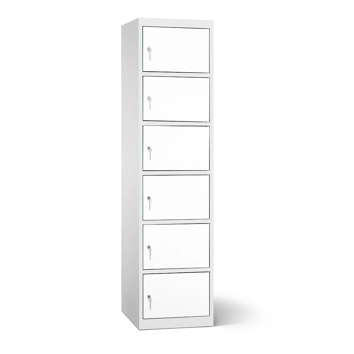Un casier blanc avec six compartiments, chacun avec une serrure et une clé.