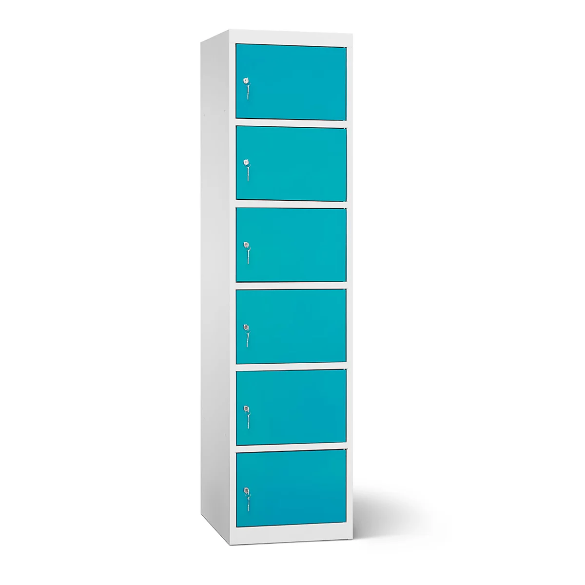 Un grand casier blanc avec six portes turquoise. Chaque porte a une serrure.