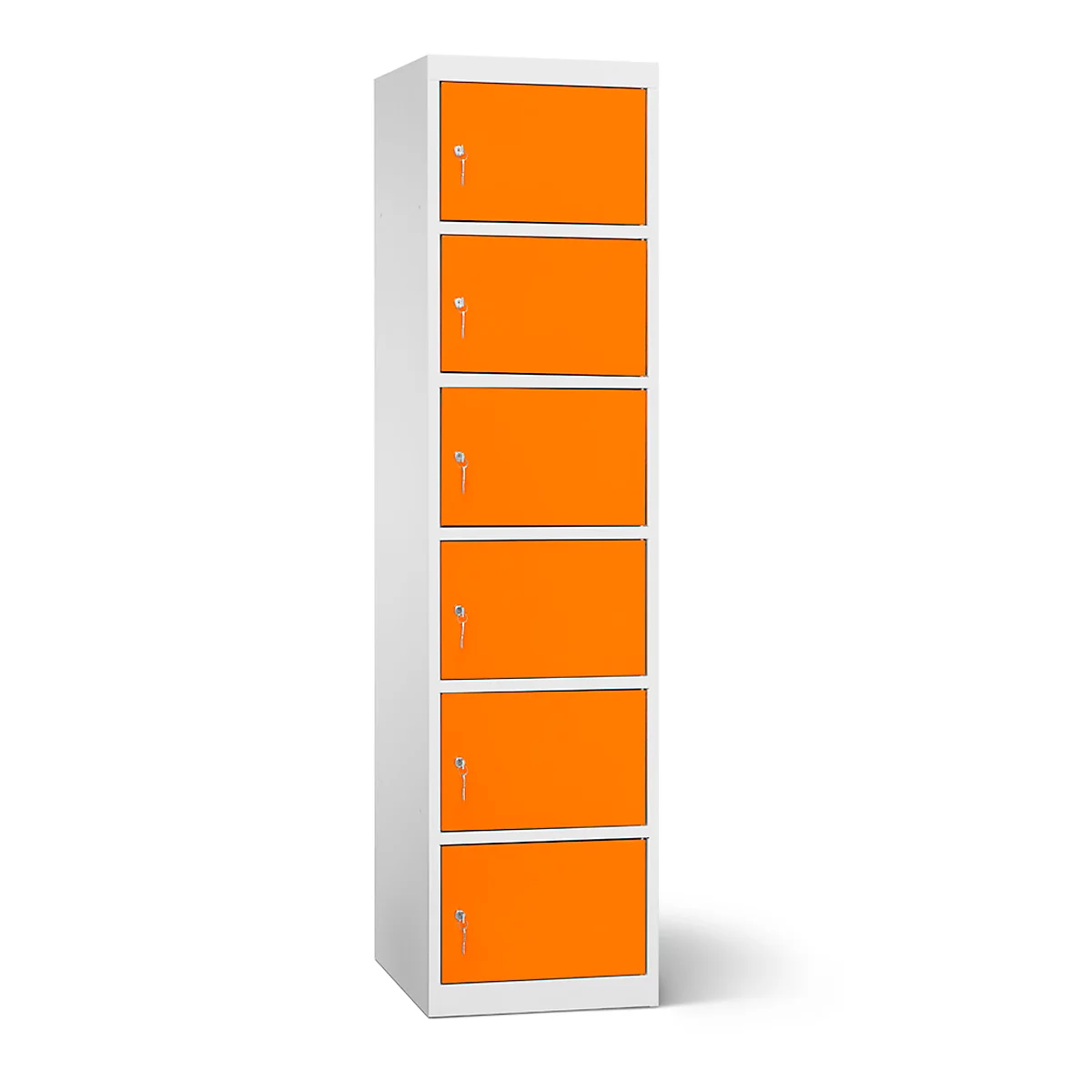 Armoire à six compartiments, cadre blanc, portes orange, avec clés.