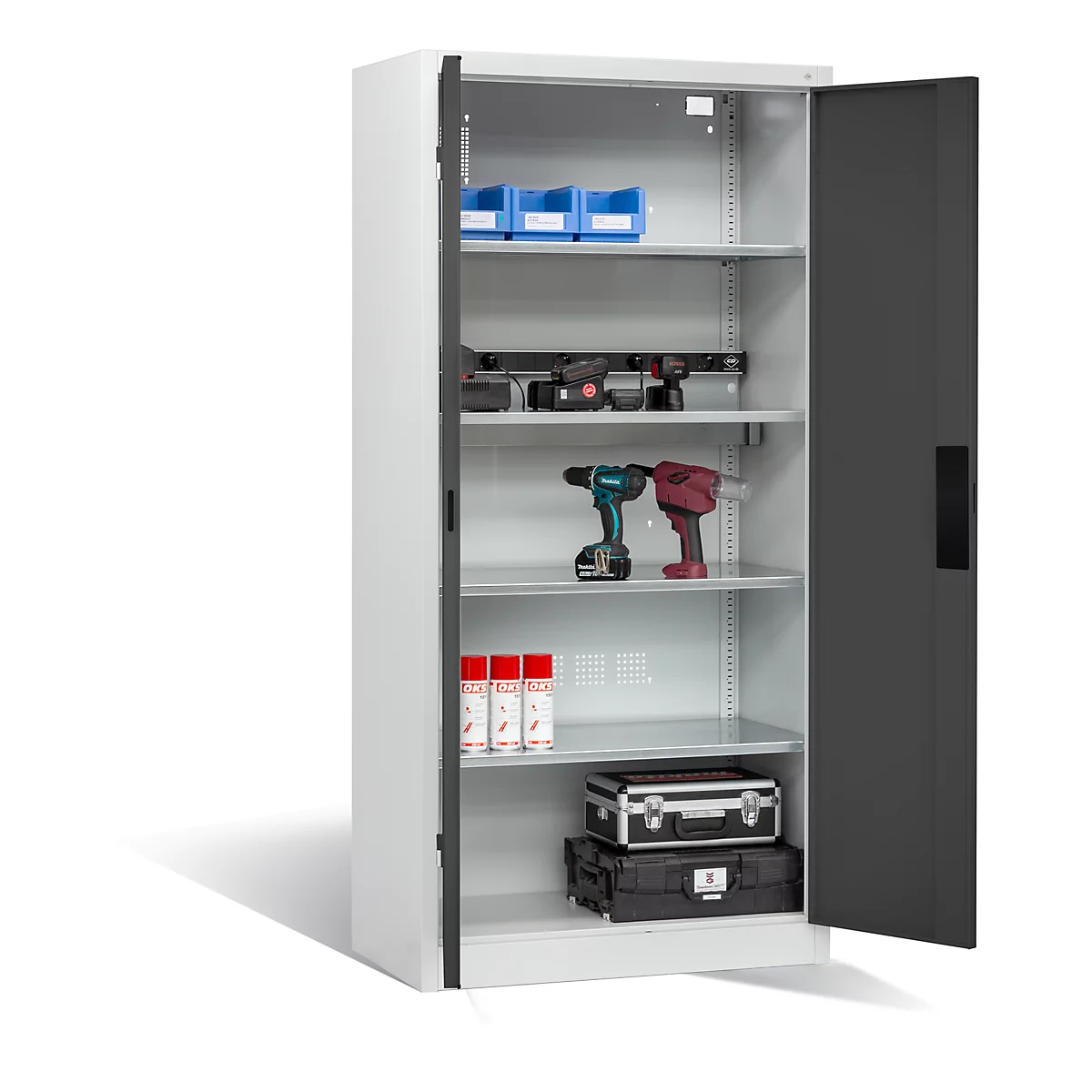 Armoire de charge sur batterie Basic de C+P avec portes en tôle pleine, H 1950 x L 930 x P 500 mm, gris clair/anthracite