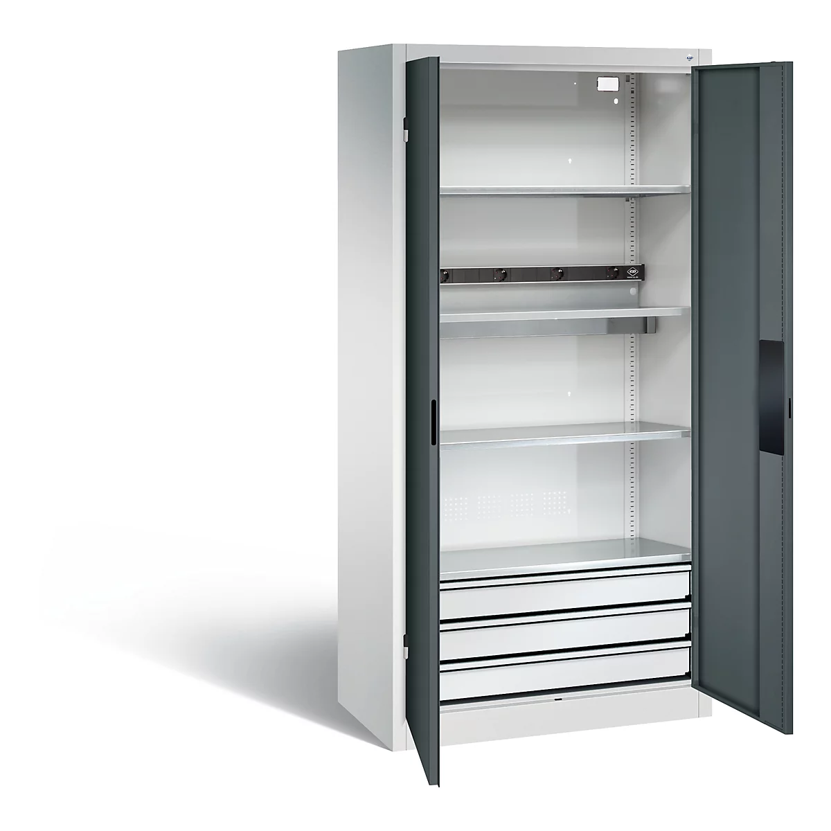 Armoire de charge sur batterie Basic de C+P avec portes en tôle pleine, H 1950 x L 930 x P 500 mm, gris clair/anthracite