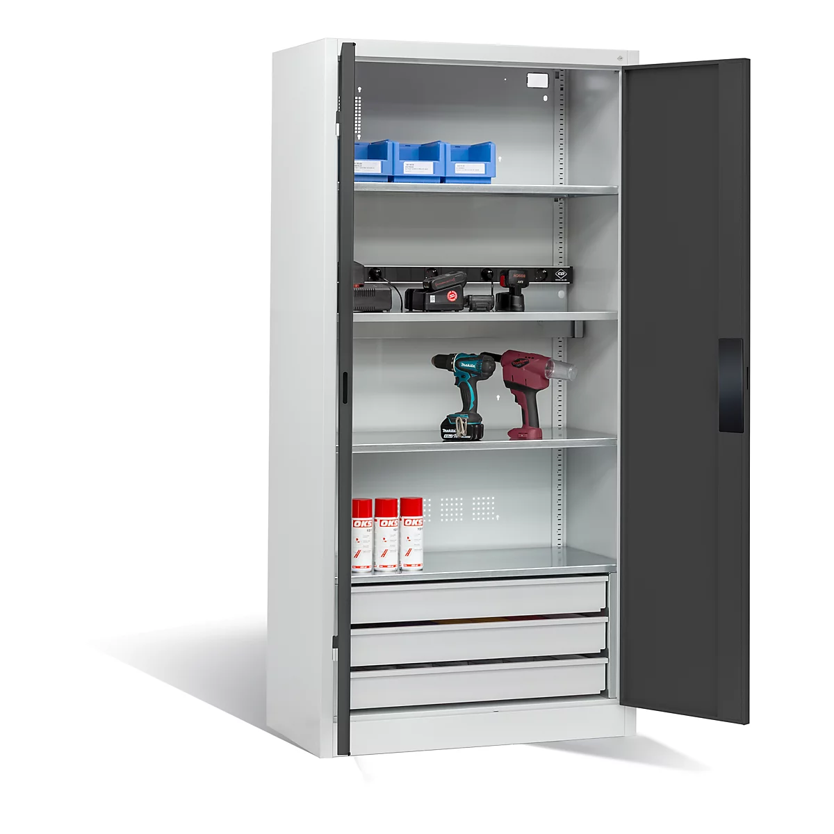 Armoire de charge sur batterie Basic de C+P avec portes en tôle pleine, H 1950 x L 930 x P 500 mm, gris clair/anthracite