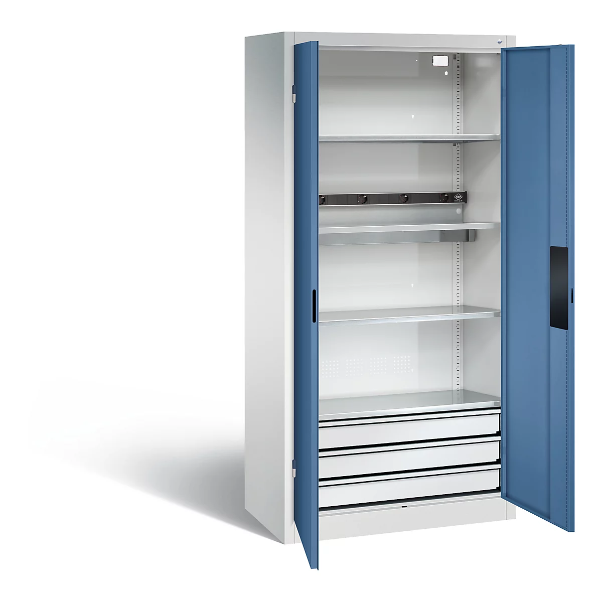 Armoire de charge sur batterie Basic de C+P avec portes en tôle pleine, H 1950 x L 930 x P 500 mm, gris clair/bleu lointain