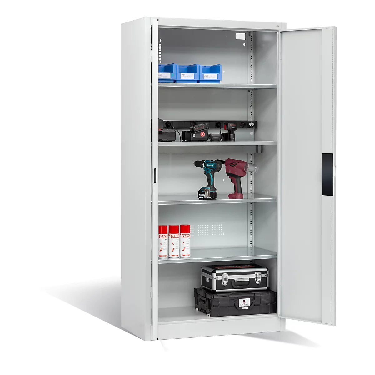 Armoire de charge sur batterie Basic de C+P avec portes en tôle pleine, H 1950 x L 930 x P 500 mm, gris clair