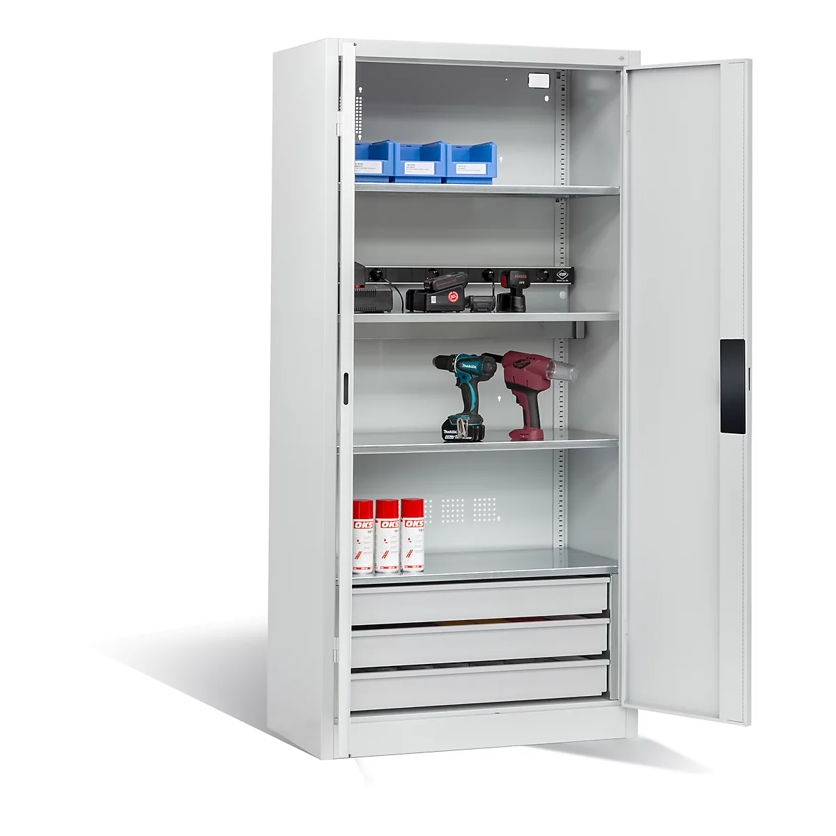 Armoire de charge sur batterie Basic de C+P avec portes en tôle pleine, H 1950 x L 930 x P 500 mm, gris clair