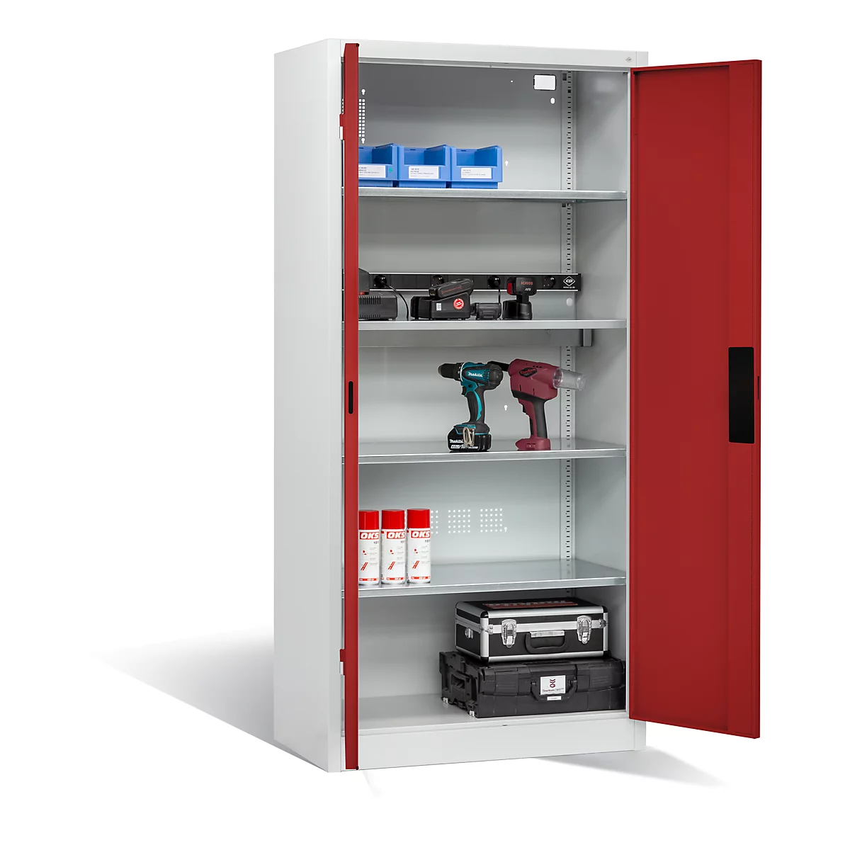 Armoire de charge sur batterie Basic de C+P avec portes en tôle pleine, H 1950 x L 930 x P 500 mm, gris clair/rouge rubis