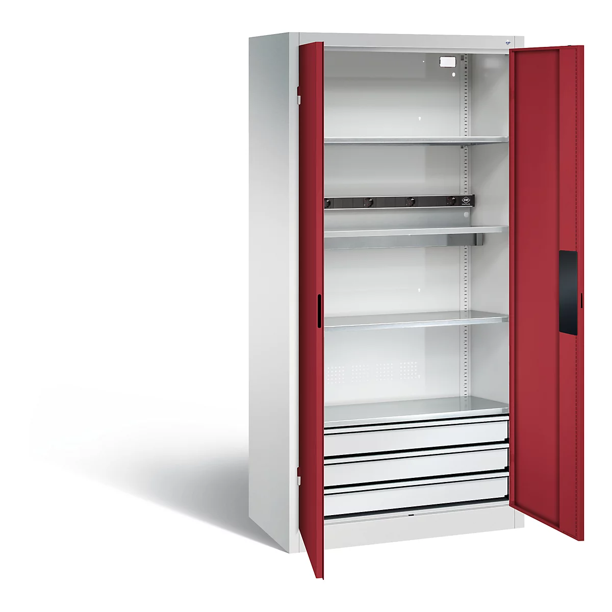 Armoire de charge sur batterie Basic de C+P avec portes en tôle pleine, H 1950 x L 930 x P 500 mm, gris clair/rouge rubis