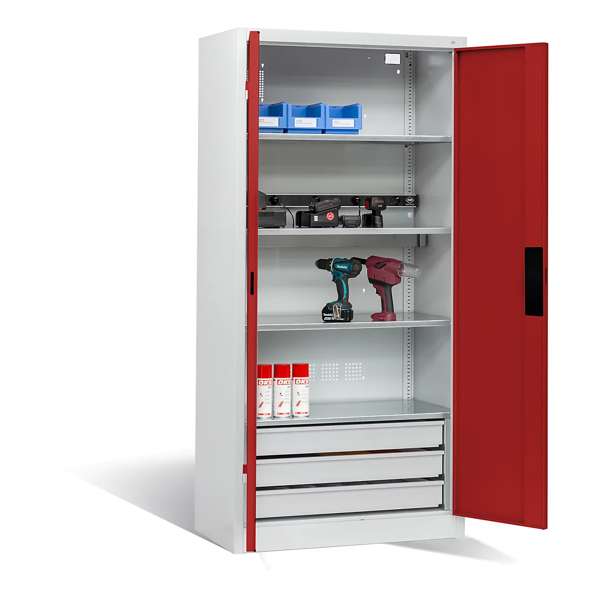 Armoire de charge sur batterie Basic de C+P avec portes en tôle pleine, H 1950 x L 930 x P 500 mm, gris clair/rouge rubis