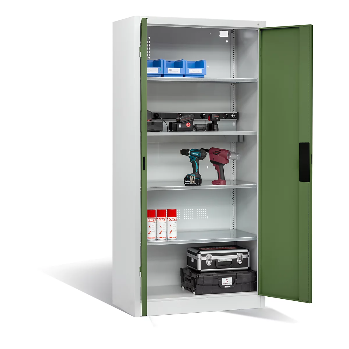 Armoire de charge sur batterie Basic de C+P avec portes en tôle pleine, H 1950 x L 930 x P 500 mm, gris clair/vert réséda