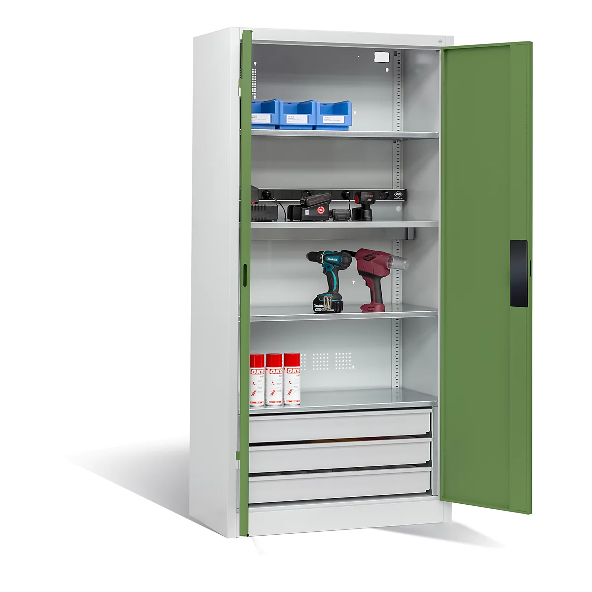 Armoire de charge sur batterie Basic de C+P avec portes en tôle pleine, H 1950 x L 930 x P 500 mm, gris clair/vert réséda