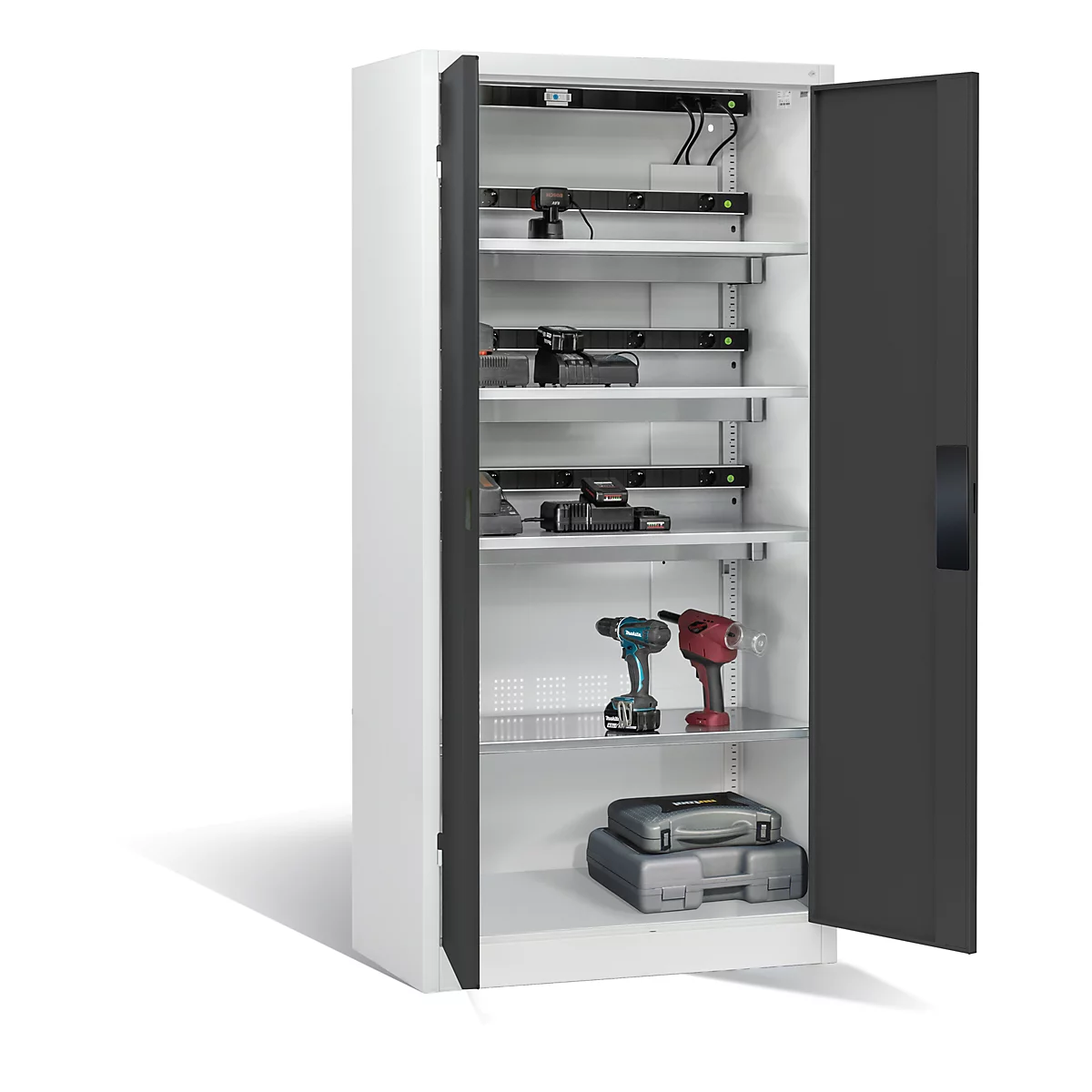 Armoire de charge sur batterie Comfort de C+P avec portes en tôle pleine, H 1950 x L 930 x P 500 mm, gris clair/anthracite