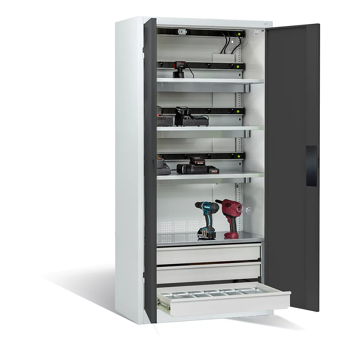 Armoire de charge sur batterie Comfort de C+P avec portes en tôle pleine, H 1950 x L 930 x P 500 mm, gris clair/anthracite