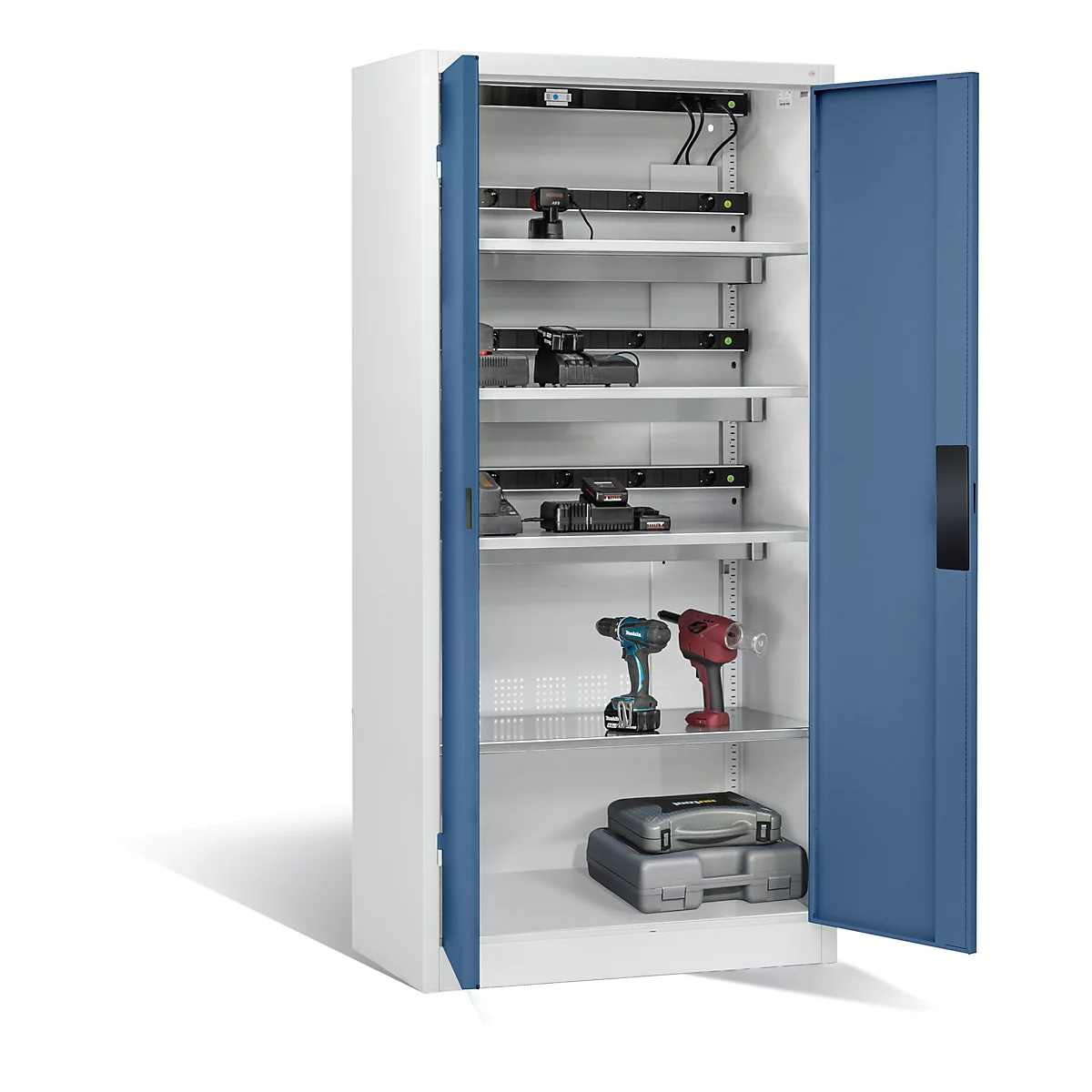 Armoire de charge sur batterie Comfort de C+P avec portes en tôle pleine, H 1950 x L 930 x P 500 mm, gris clair/bleu lointain